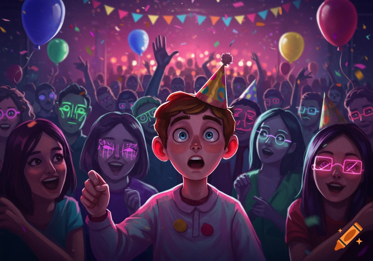 A wide-eyed boy in a party hat looks surprised amidst a vibrant, neon-lit party crowd with glowing faces and confetti.