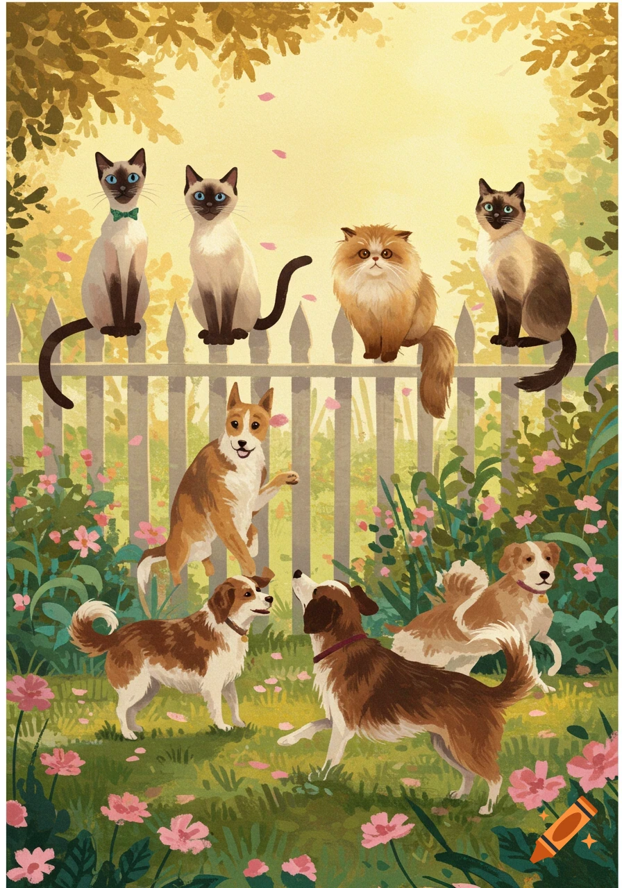 Illustration of several cats on a white picket fence above dogs playing in a colorful garden with pink flowers.