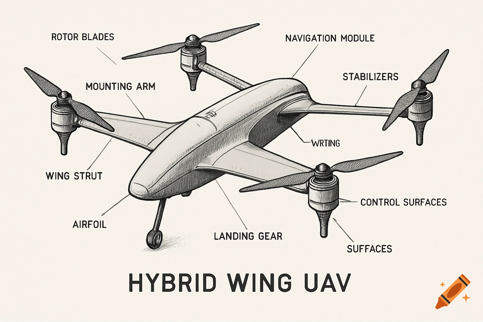 A technical sketch illustration of a hybrid wing UAV (drone) with various parts labeled.