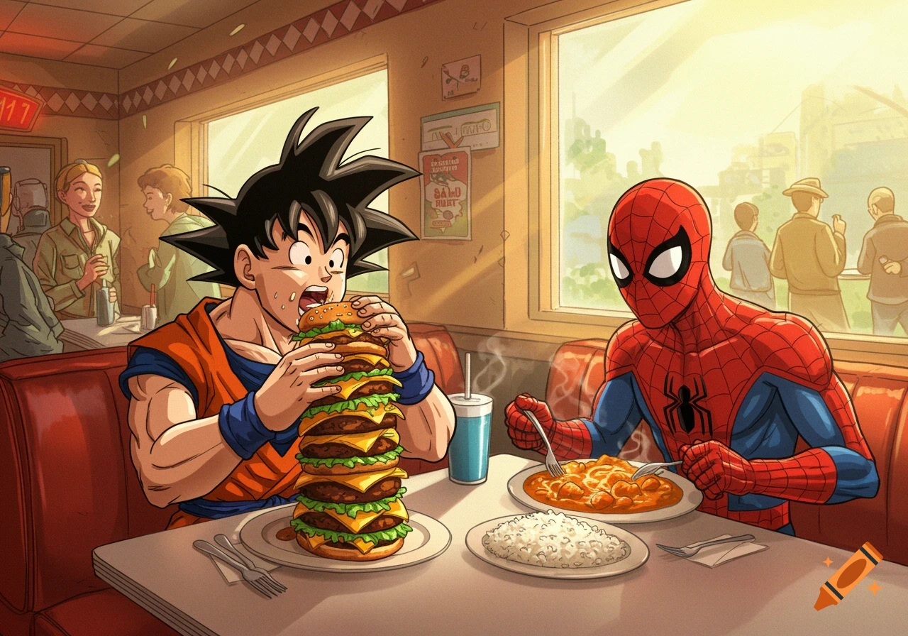 Goku eats a giant burger while Spider-Man enjoys butter chicken in a diner in an anime style.