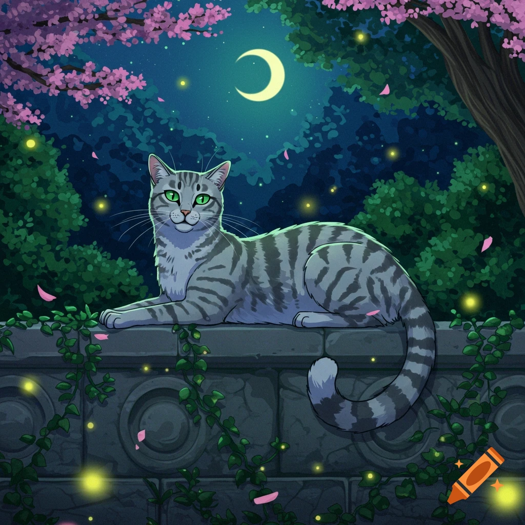 A grey tabby cat with green eyes sits on a stone wall at night under a crescent moon, surrounded by pink cherry blossoms and glowing fireflies.