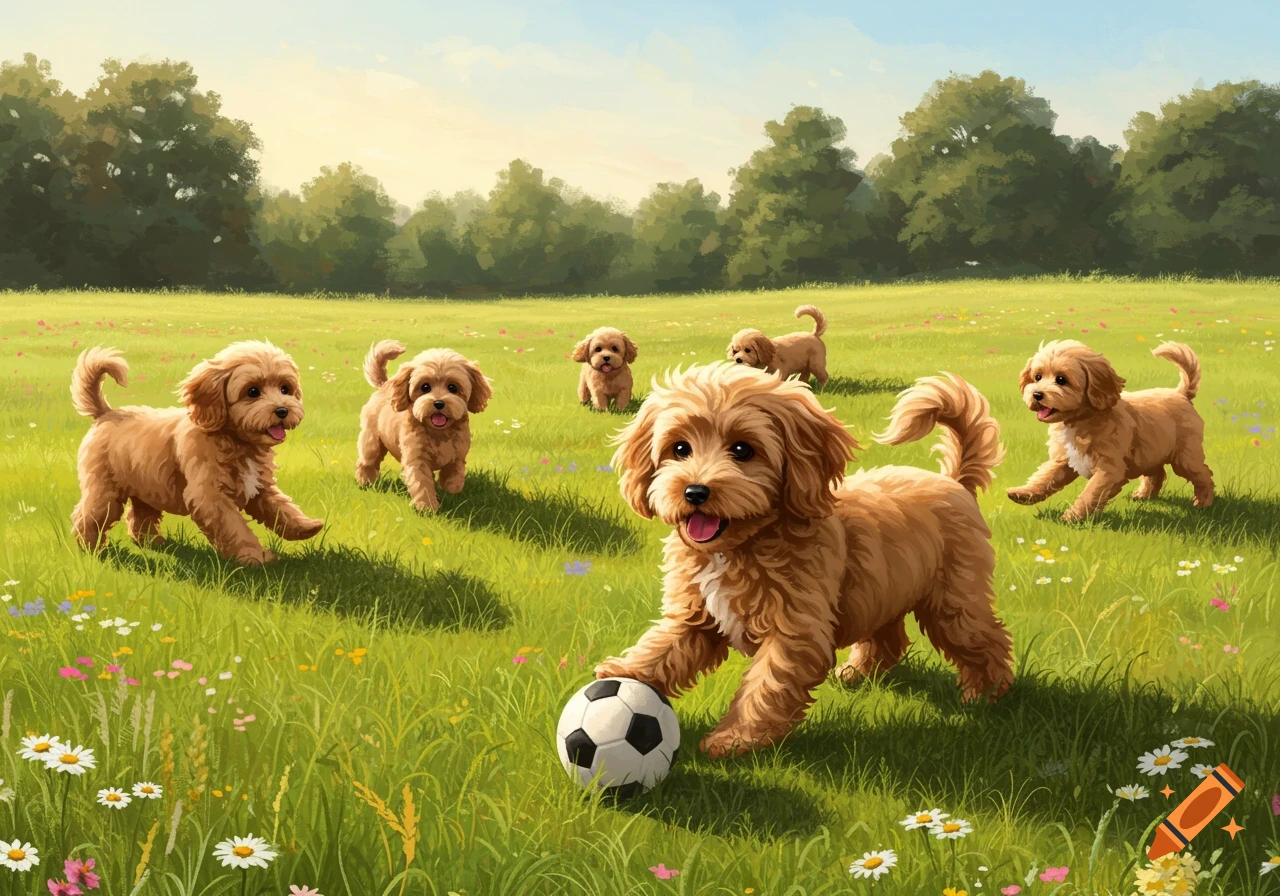 Fluffy apricot Cavapoo puppies play soccer in a bright green field with wildflowers.