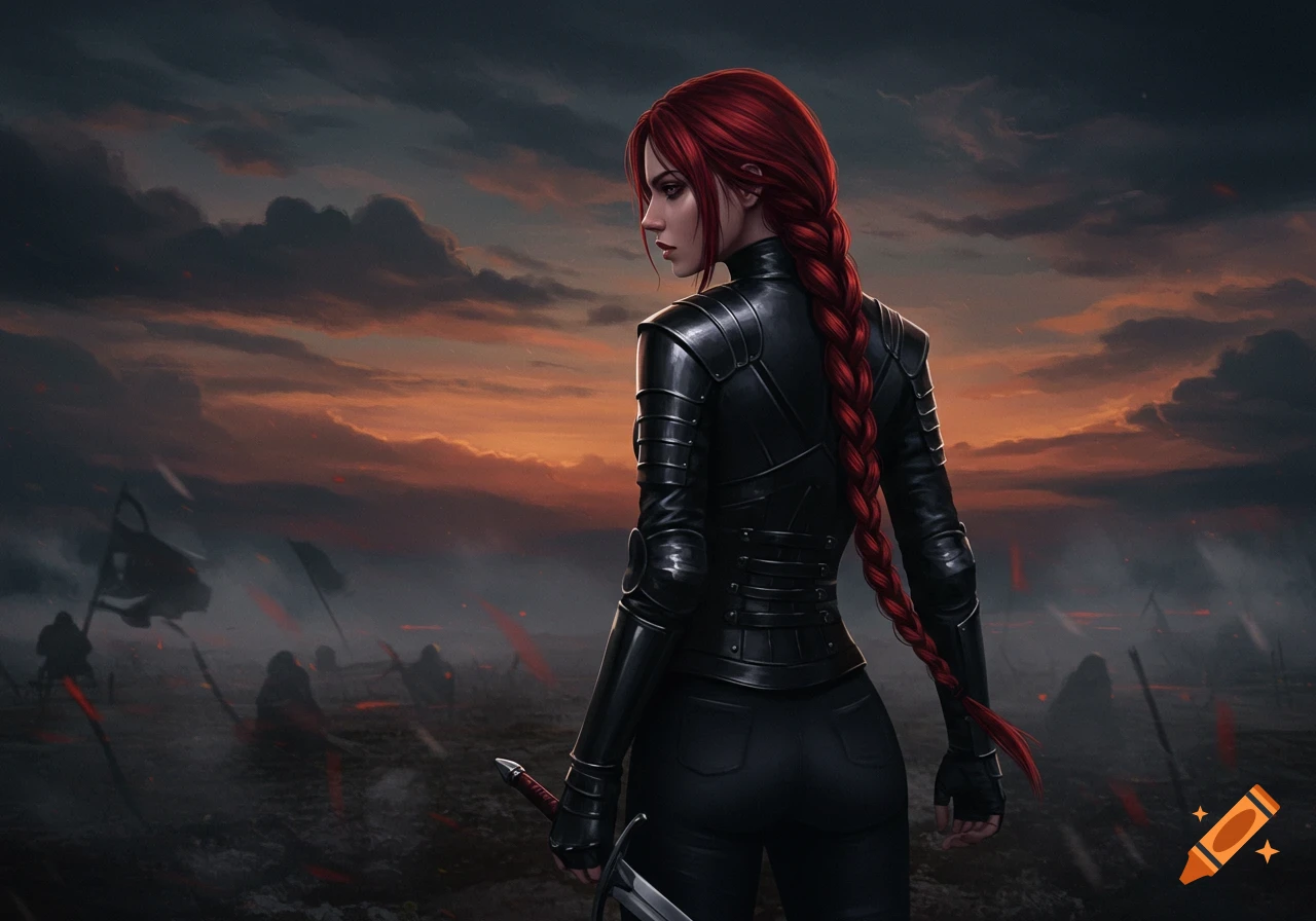 A female warrior in black leather armor with a long red braid looks over her shoulder on a desolate battlefield at sunset, holding a sword.