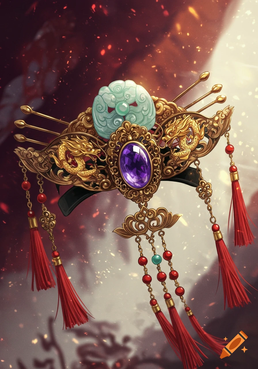 Detailed digital art of an ancient Chinese gold hairpiece with dragons, jade, a purple gem, and red tassels.
