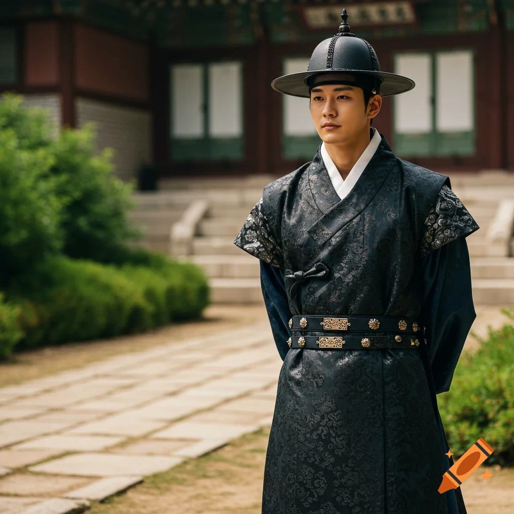 A young man in traditional black Korean Joseon warrior clothing and a hat stands outdoors in front of an old building.