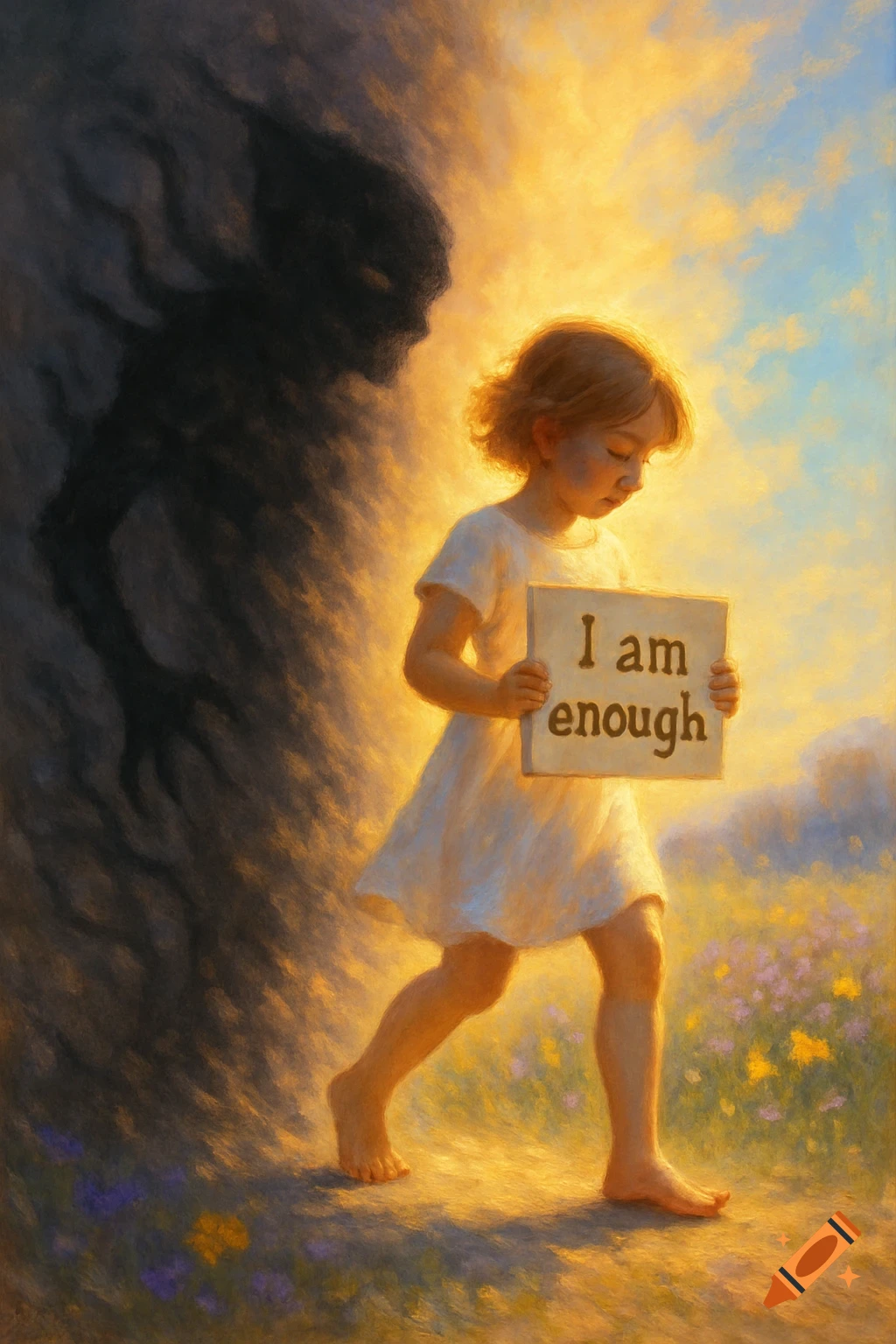 A child holding a sign 'I am enough' walks from a dark shadow into light in a symbolic painting.