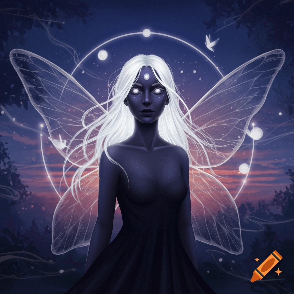 A dark-skinned woman with white hair and glowing eyes, wearing a black dress and translucent butterfly wings, stands against a twilight sky with glowing celestial rings.