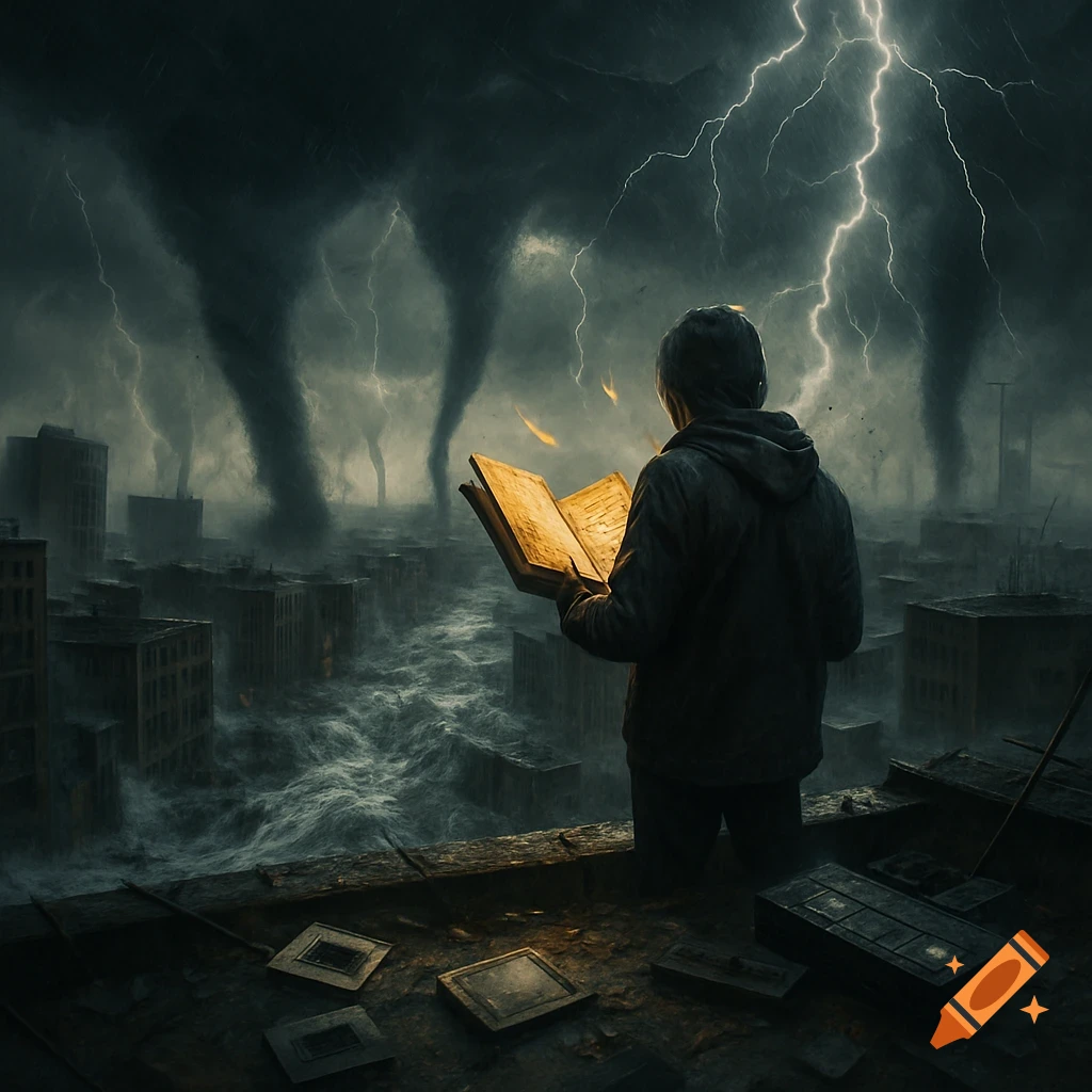 A person reads a glowing book on a rooftop overlooking a flooded city with multiple tornados and lightning strikes in a stormy sky.