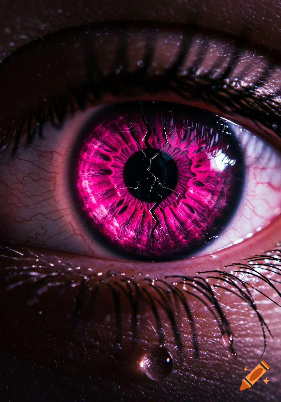A close-up, photorealistic image of an eye with a vibrant magenta and pink iris, appearing cracked, with a single tear on the lower eyelid.
