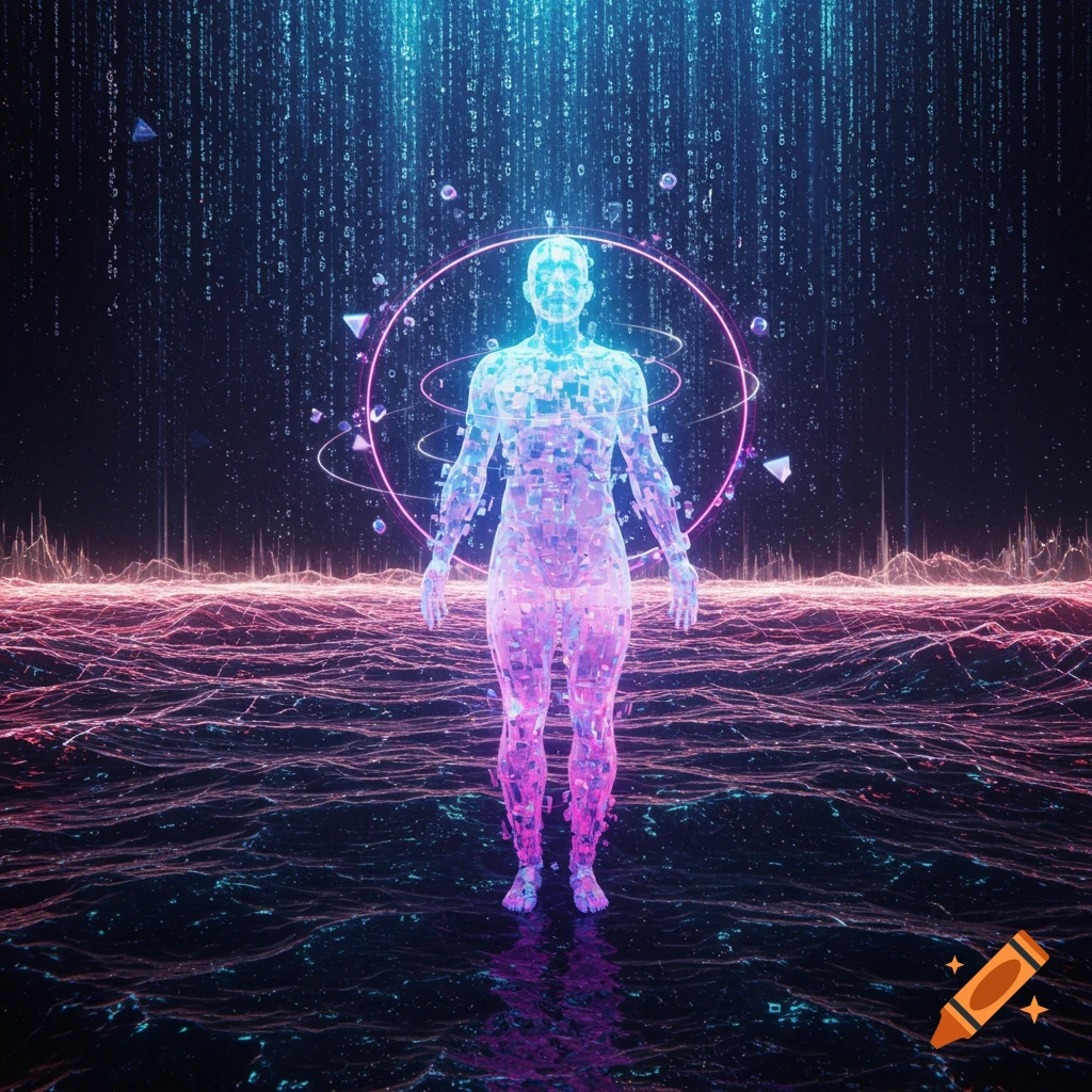A shimmering, blocky, glowing human figure stands in a digital landscape of neon lines and falling binary code.