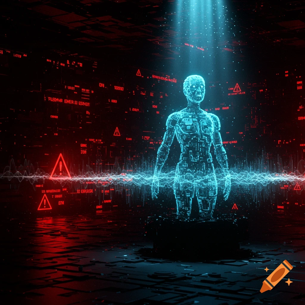 A glowing blue holographic human figure stands amidst a dark, tech-filled environment with red digital data and warning signs.