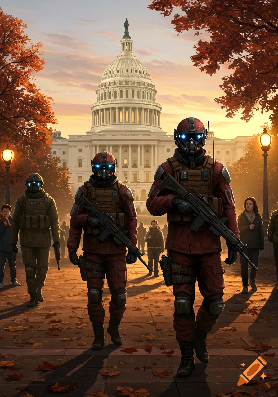 Three futuristic soldiers in tactical gear with rifles walk past the US Capitol building during sunset in autumn.