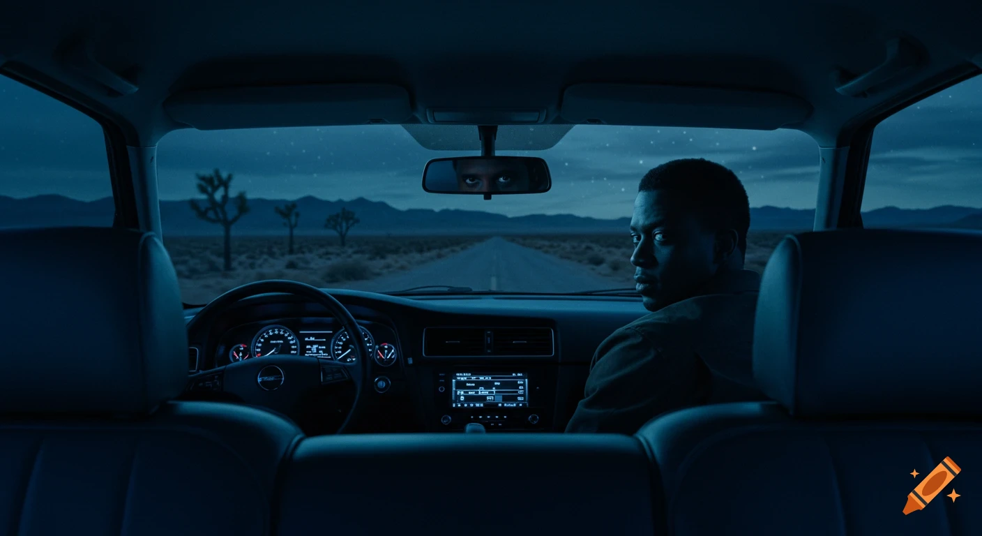 A man looks back from the driver's seat of a car at night. His eyes are visible in the rearview mirror, with a desert road and starry sky through the windshield.