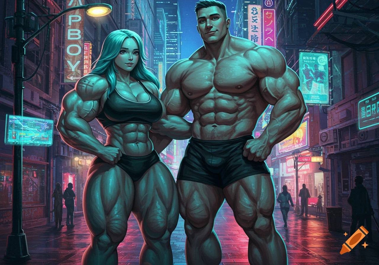 A highly muscular man and woman stand in a neon-lit cyberpunk city street. The woman has teal hair. Anime style.