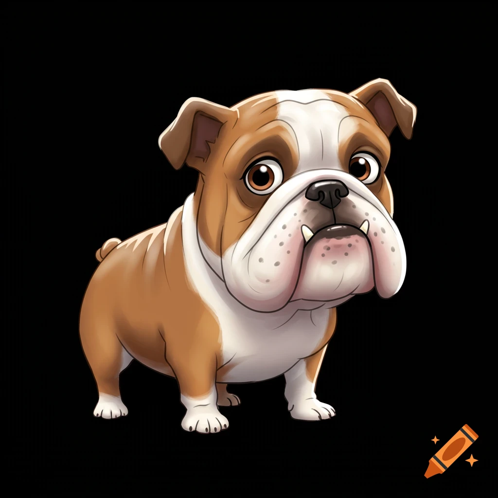 A cartoon English bulldog with brown and white fur stands against a black background.