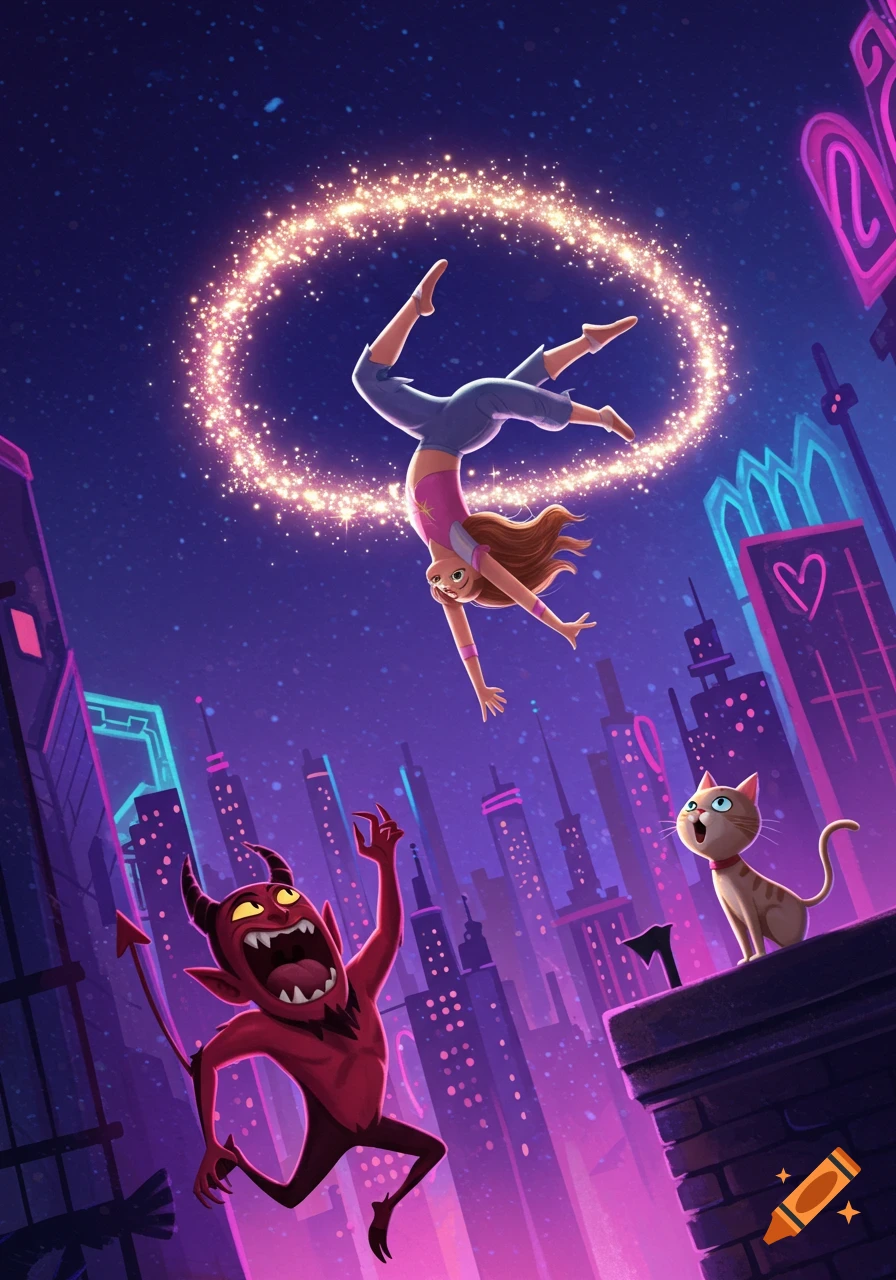 Cartoon illustration of a girl flipping with magic sparkles above a yelling demon and cat on a glowing city rooftop at night.