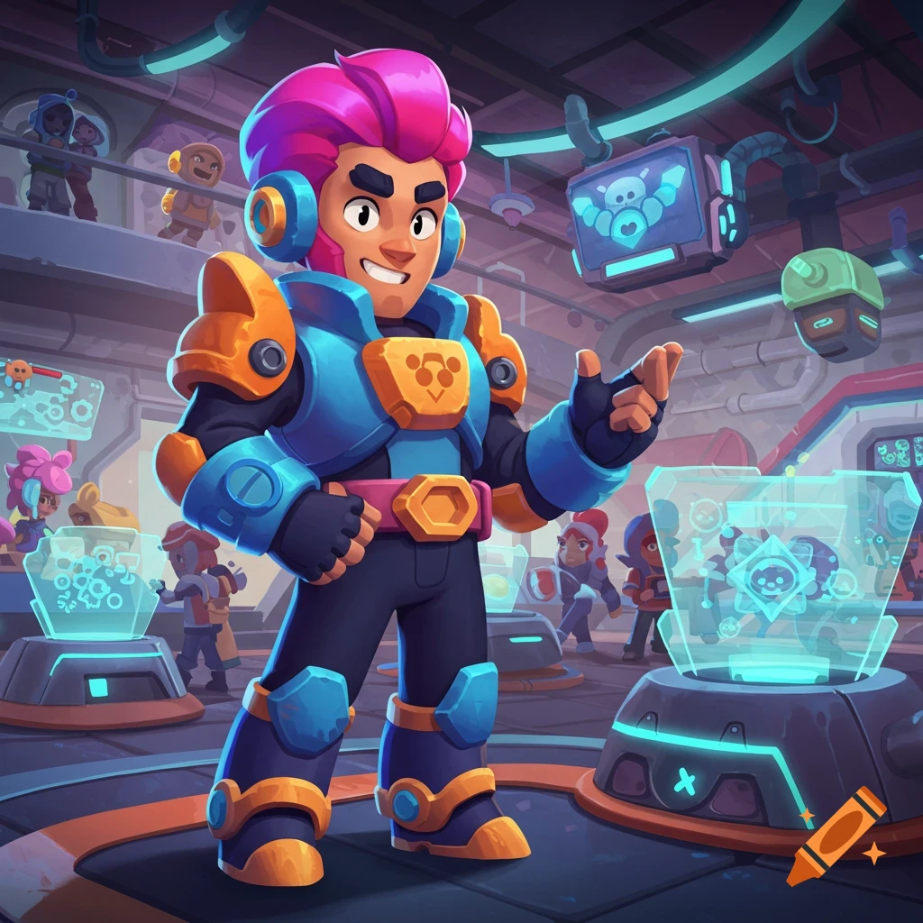 A stylized cartoon character with pink hair and blue and orange armor stands in a futuristic lab with holographic displays.
