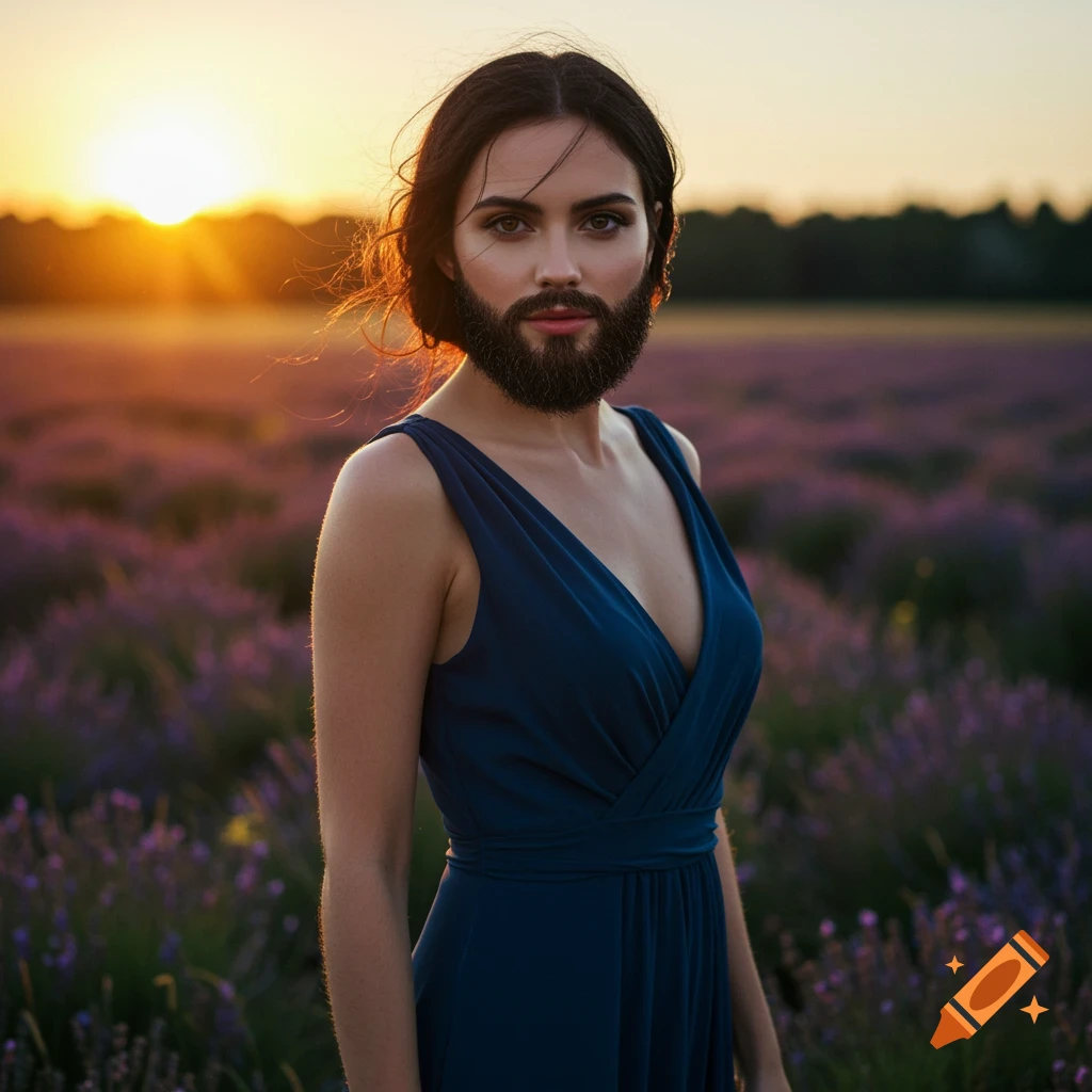 A photorealistic portrait of a woman with a beard standing in a lavender field at sunset.