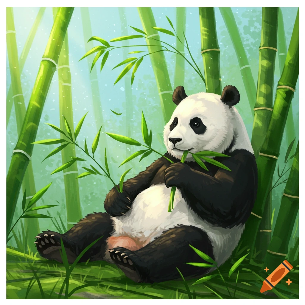 An illustrated panda sits among tall green bamboo stalks, eating bamboo leaves.