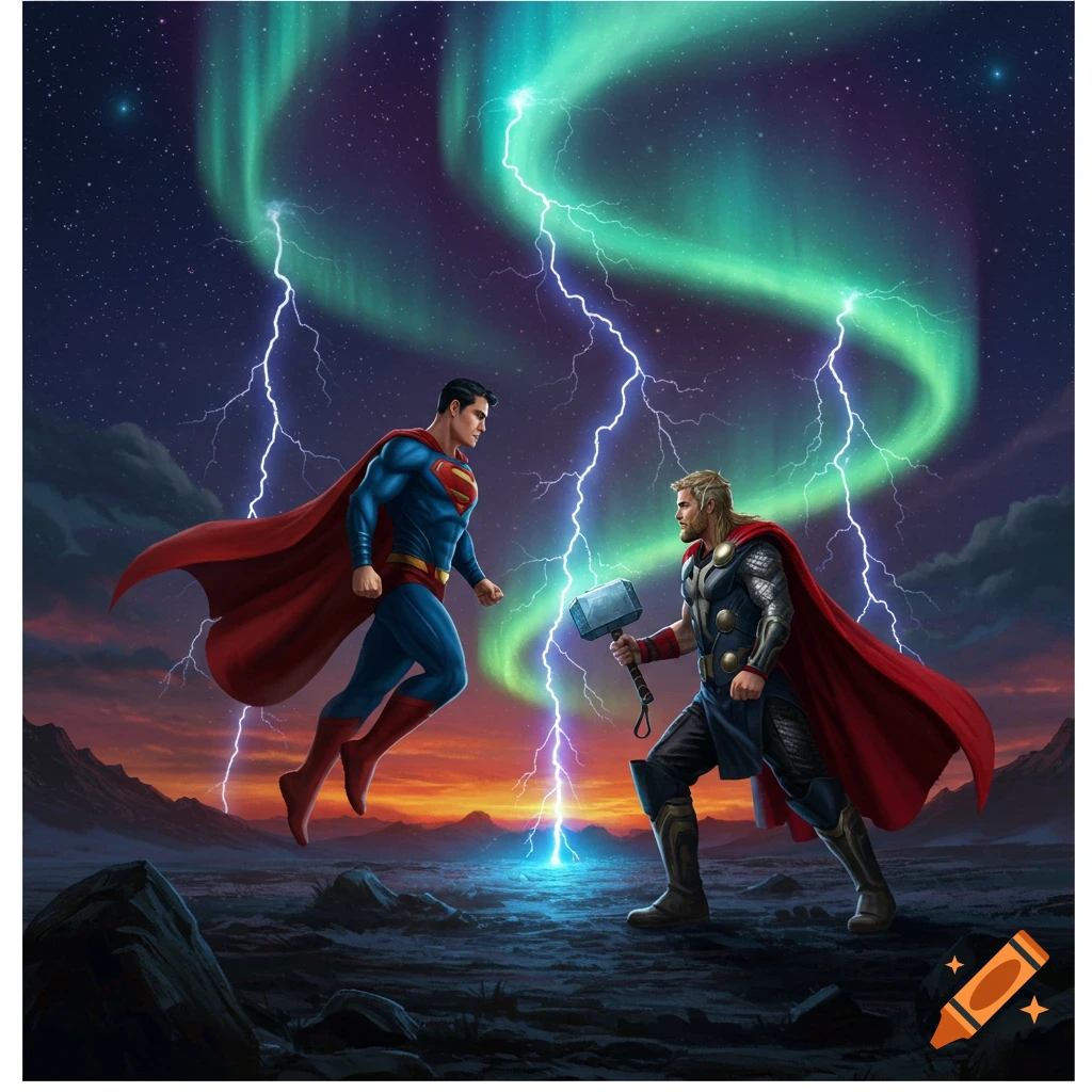 Superman and Thor face off in a dramatic landscape under a night sky with aurora borealis and lightning.