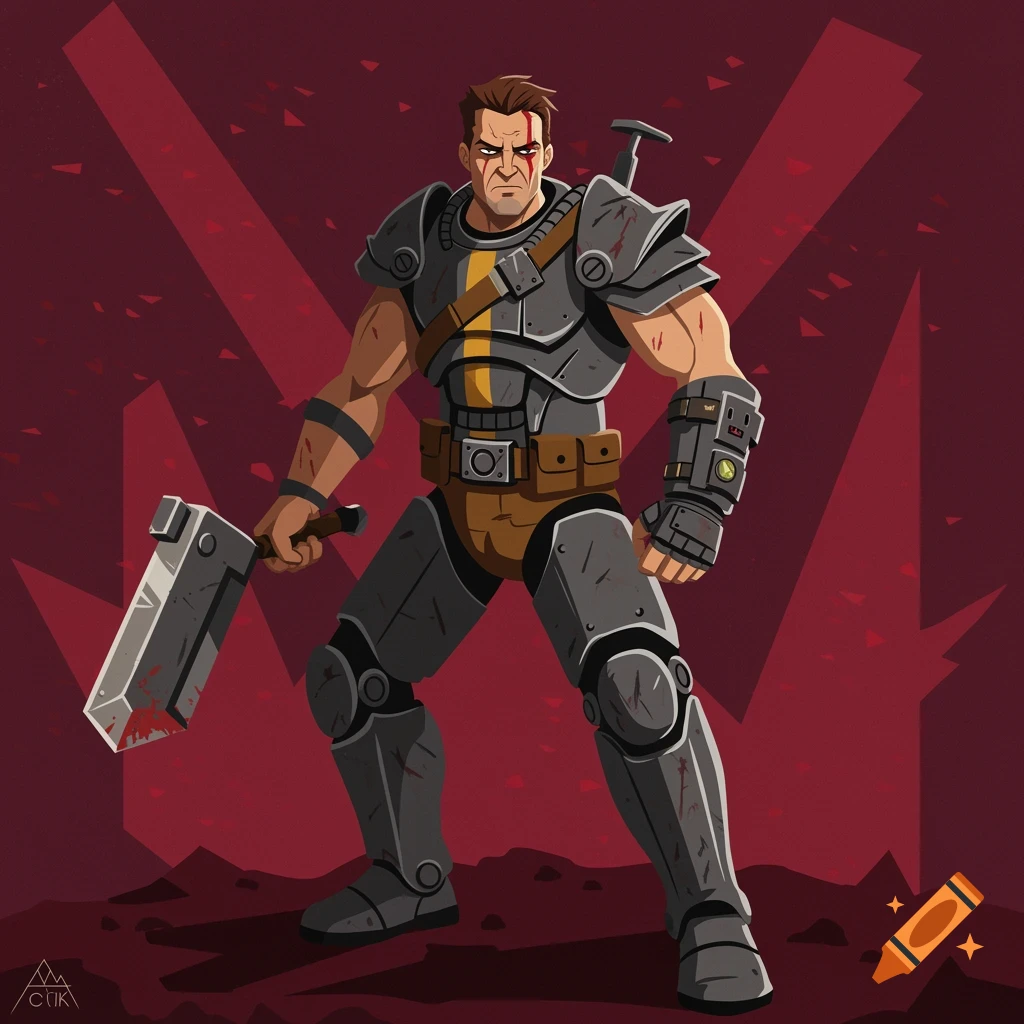A muscular character in grey armor and brown pants holds a large bloody cleaver, standing against a dark red background with subtle patterns, in a stylized art style.