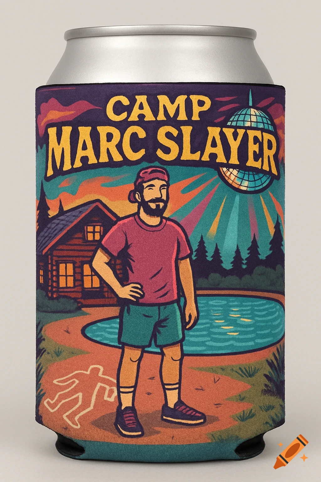A cartoon illustration on a can cooler featuring a bearded man at a camp with a lodge, pool, disco ball, and a chalk body outline.