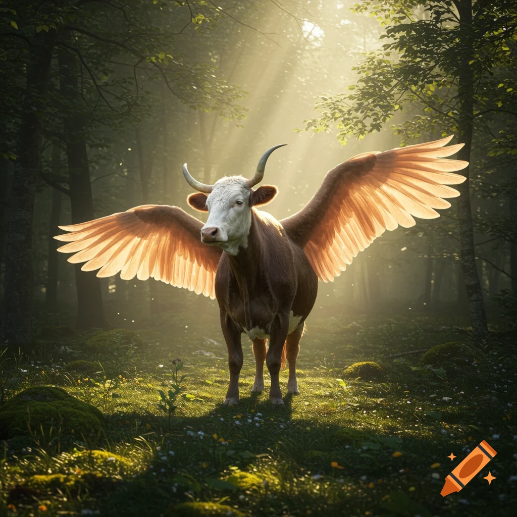 A photorealistic brown and white cow with large golden wings stands in a sunlit forest clearing.
