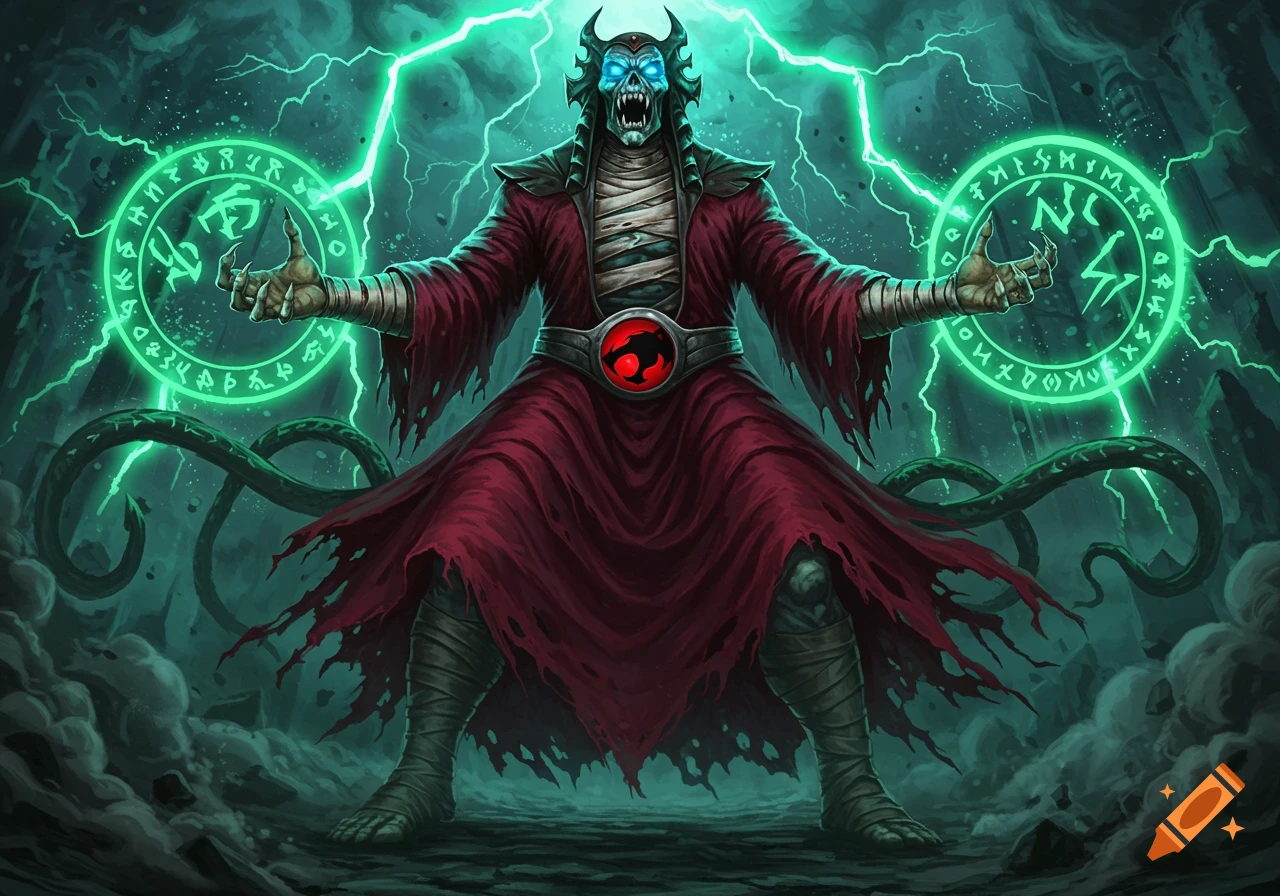 Mumm-Ra, the blue-faced, horned mummy-like villain in a tattered red robe, with glowing green runes and lightning, stands menacingly.