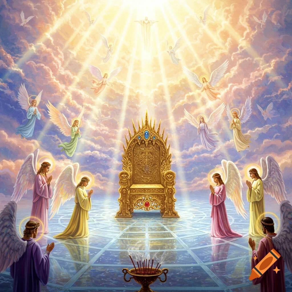 A golden throne under bright divine light in the heavens, surrounded by numerous angels in various poses.