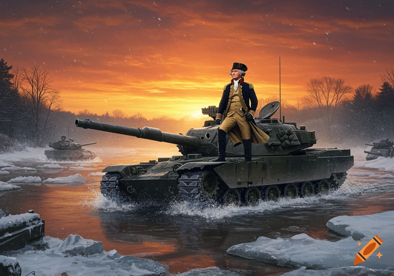 George Washington stands atop a military tank, leading other tanks through a partially frozen, snowy river at sunset.
