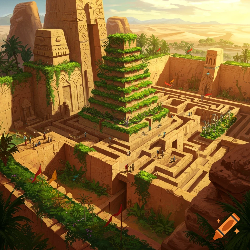 A vibrant, elevated view of an ancient desert city featuring a stepped pyramid covered in lush greenery, a complex maze, and small figures playing a game.