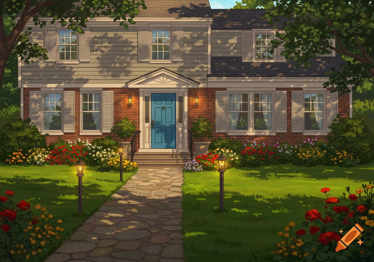 An illustration of a traditional suburban house with a blue door, surrounded by a green lawn and colorful flowers, under dappled sunlight.