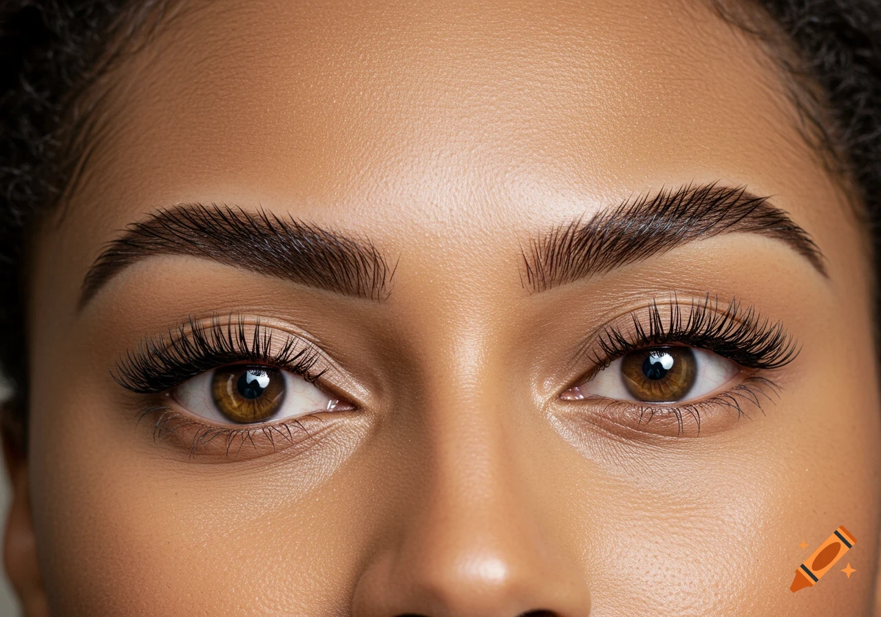 Close-up of a person's brown eyes with long eyelashes and perfectly shaped dark eyebrows against tan skin.