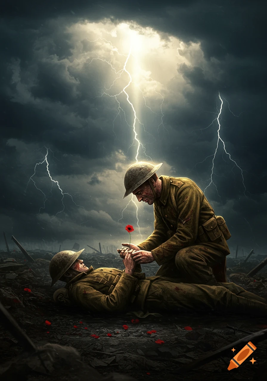 A symbolic painting showing a soldier kneeling over another on a WWI battlefield, holding a red poppy, under a stormy sky with lightning.