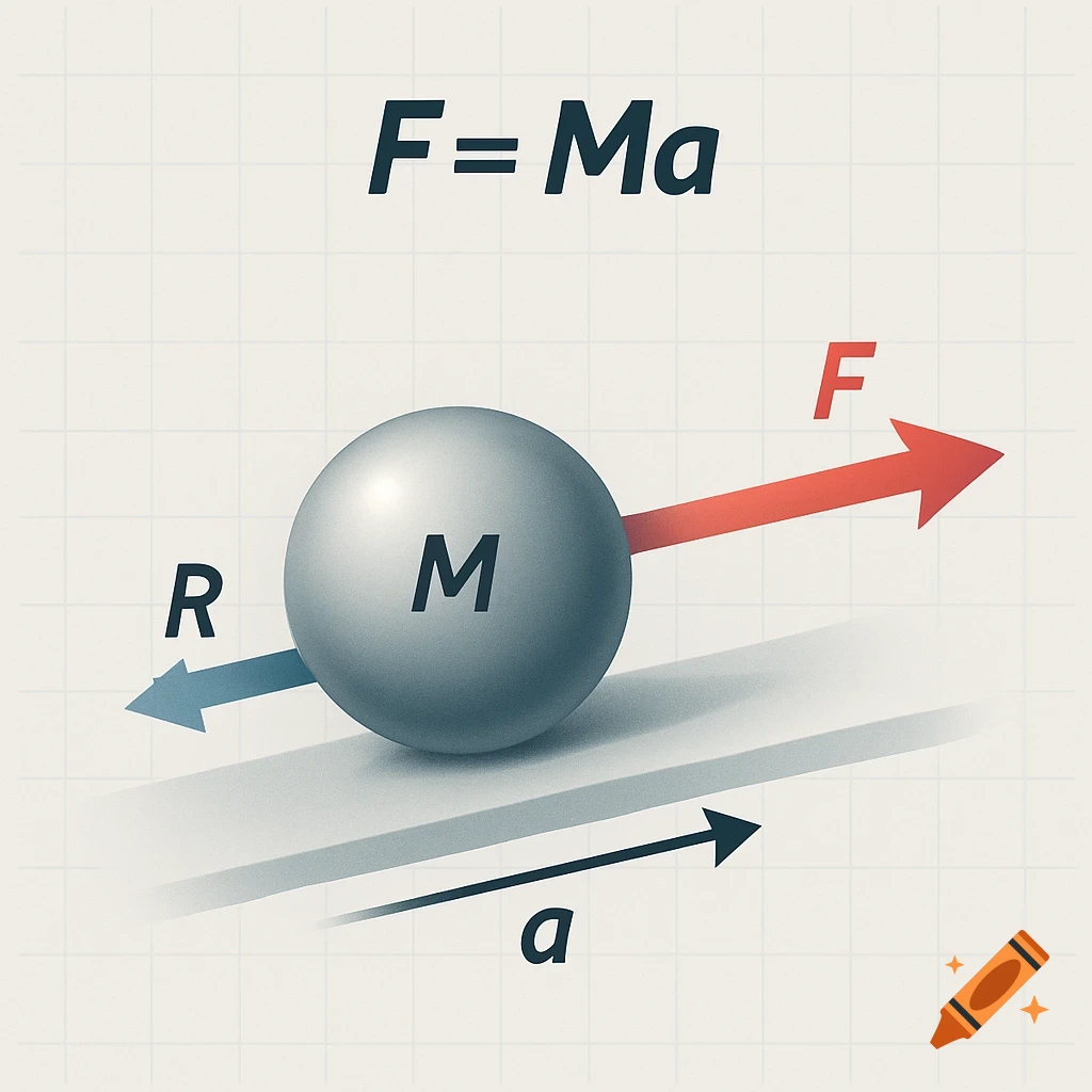 Physics diagram illustrating Newton's second law, showing a sphere labeled M with force F, resistance R, and acceleration a, alongside the equation F=Ma.