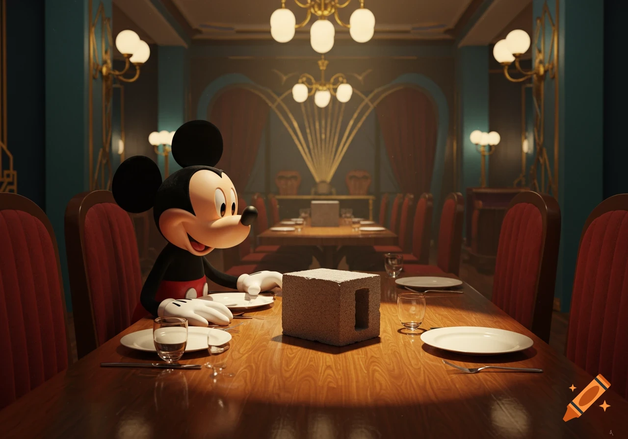 Mickey Mouse sitting at a restaurant table with a cinder block, rendered in 3D.