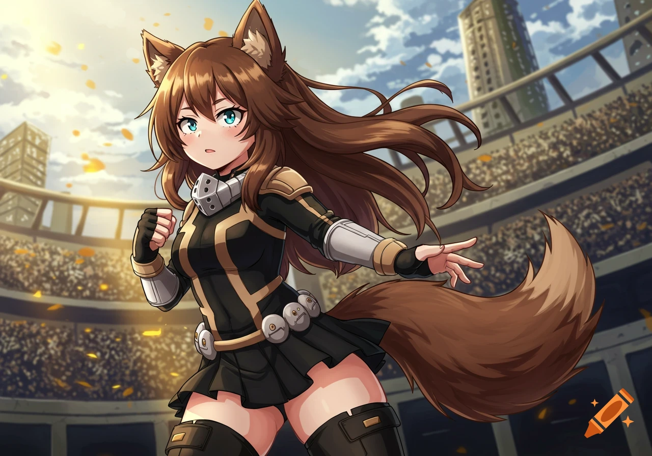 An anime girl with brown wolf ears and tail in a black and gold superhero uniform stands dynamically in a large stadium.
