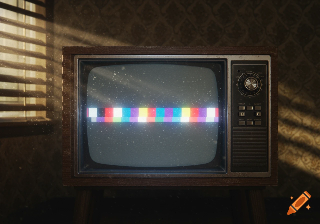 A vintage 4:3 television displaying colorful error bars in a dimly lit room with light coming through blinds.
