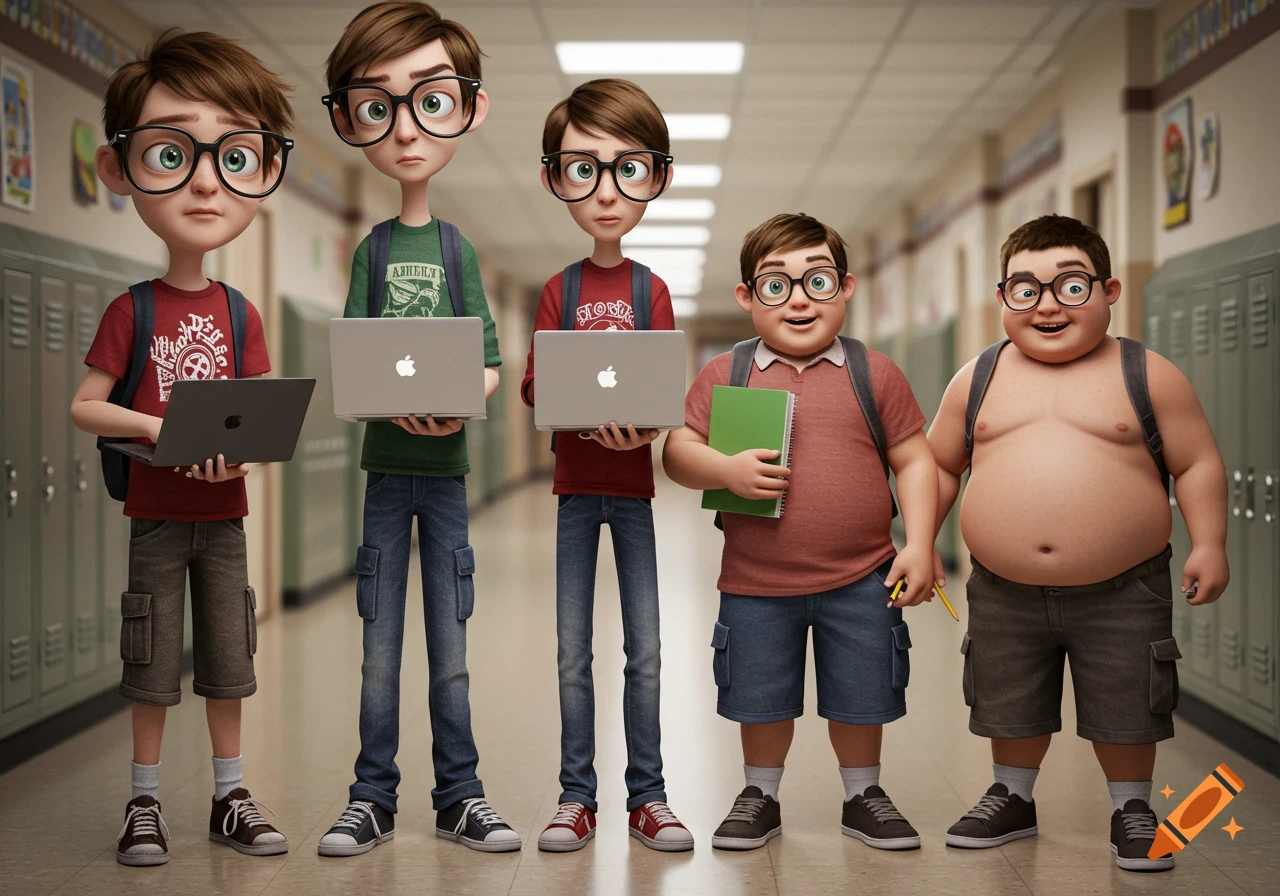 Five cartoon-style teenage boys, three skinny holding laptops and two heavier holding school supplies, stand in a school hallway.