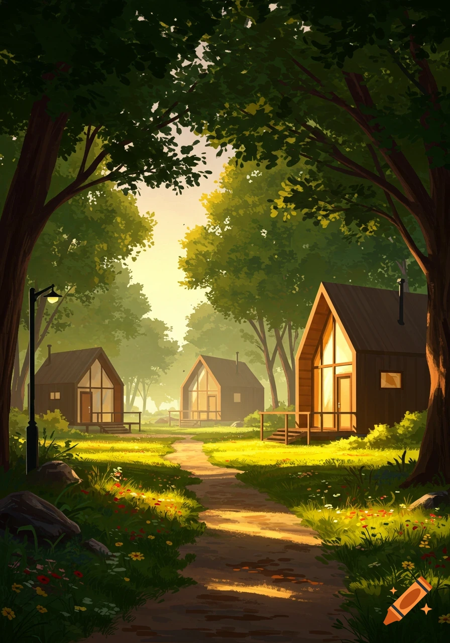 A stylized illustration of a dirt path through a vibrant green forest leading to several modern A-frame cabins under a bright sky.