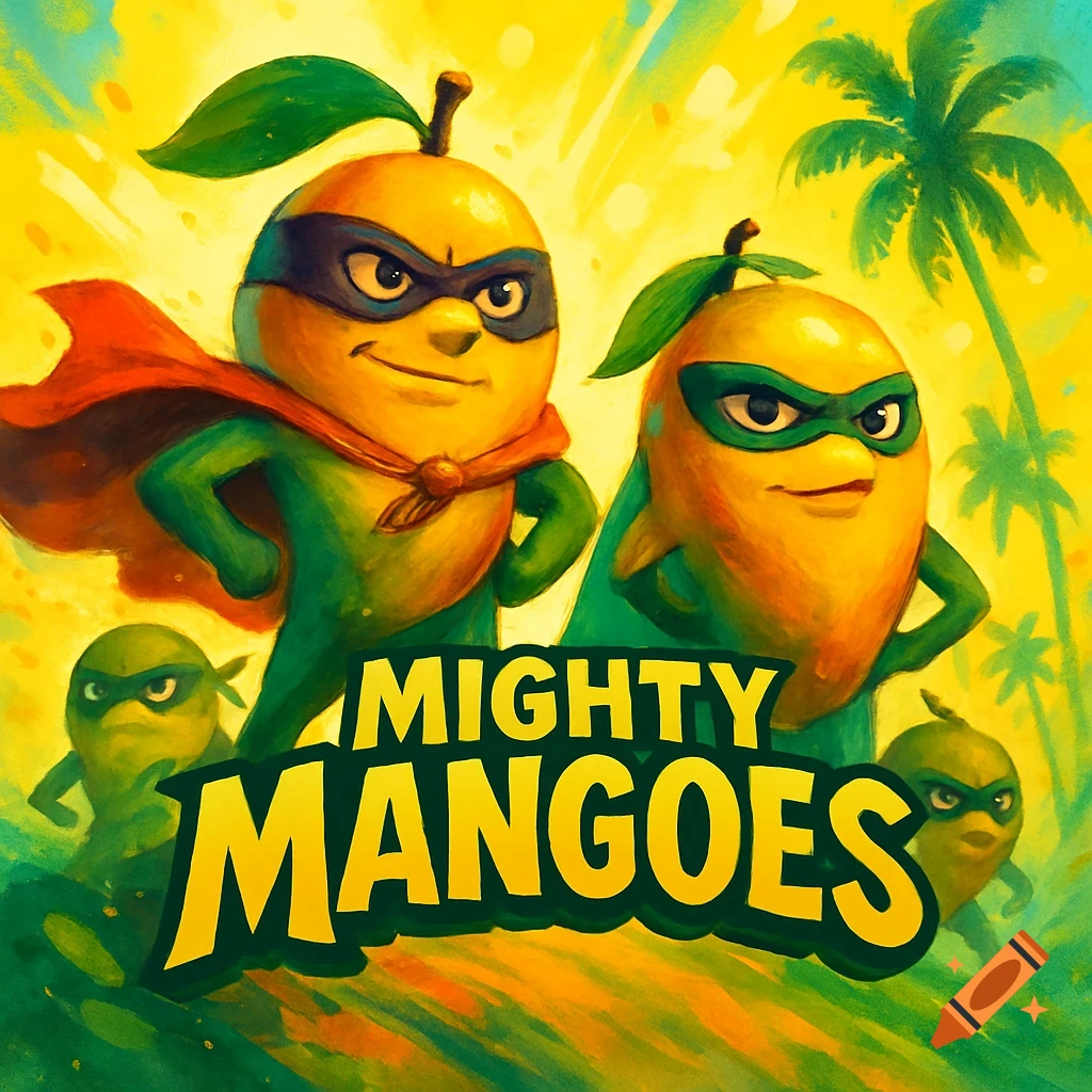 Cartoon mango superheroes with capes and masks stand heroically in a tropical setting. Text: 'MIGHTY MANGOES'.