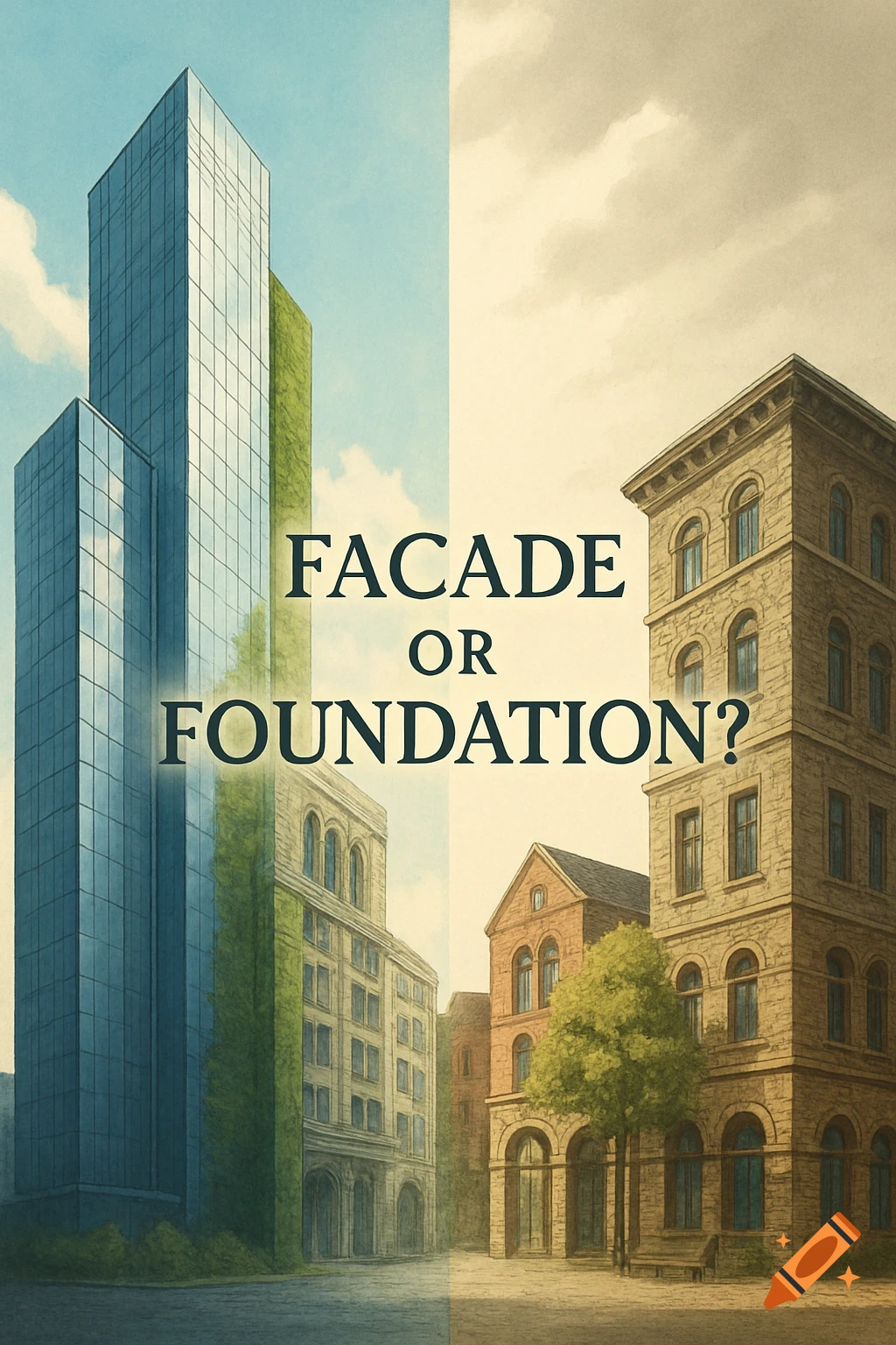 An illustrative image split vertically, showing modern skyscrapers on the left and traditional stone buildings on the right, with the text 'FACADE OR FOUNDATION?'.