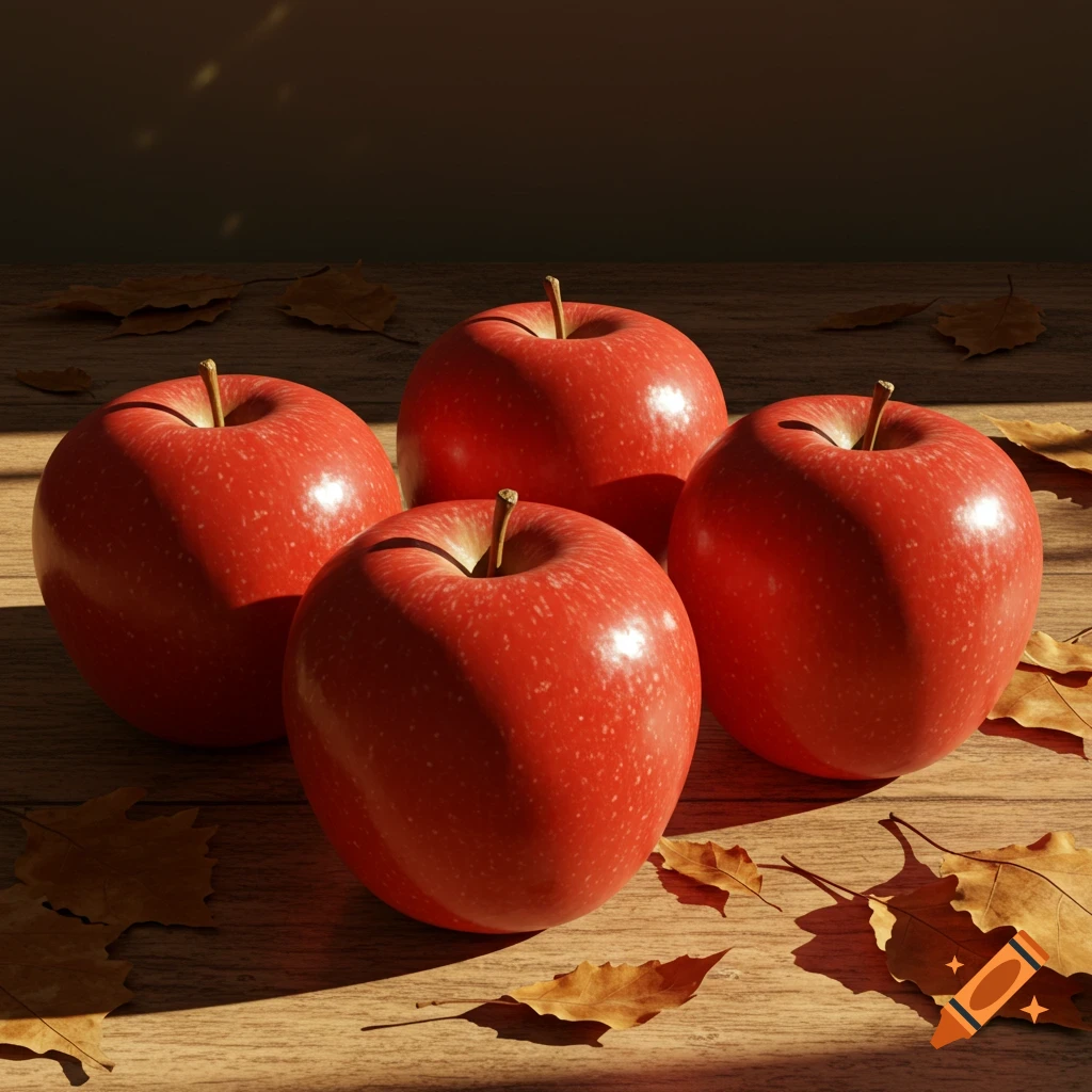 Four shiny red apples rest on a wooden table scattered with autumn leaves, bathed in sunlight.