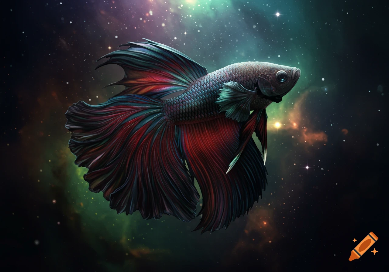 A colorful betta fish with large, flowing fins swims through a dark, star-filled nebula.