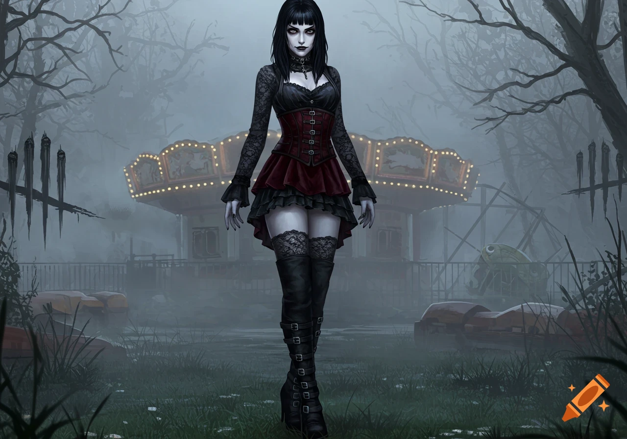 A gothic woman with pale skin and dark hair stands in a foggy, abandoned amusement park with a carousel in the background. Digital illustration.