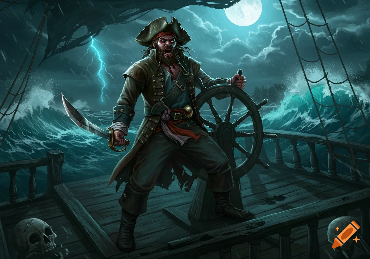 A pirate stands on the deck of a ship in a stormy sea under a full moon and lightning, holding a sword and ship's wheel.