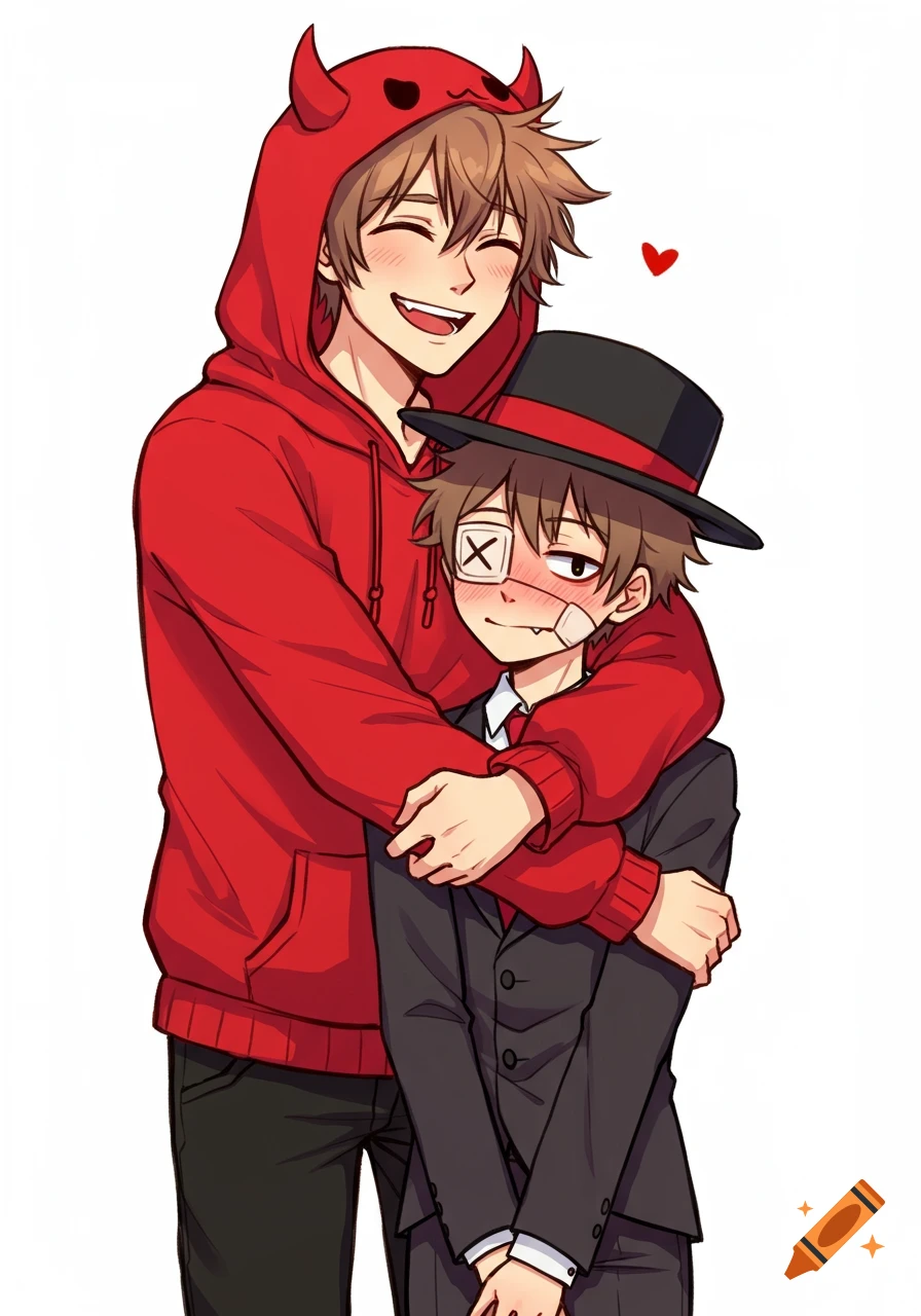 Anime illustration of a tall boy in a red devil hoodie happily hugging a shorter boy in a suit and top hat, who has an X-eyepatch and is blushing.