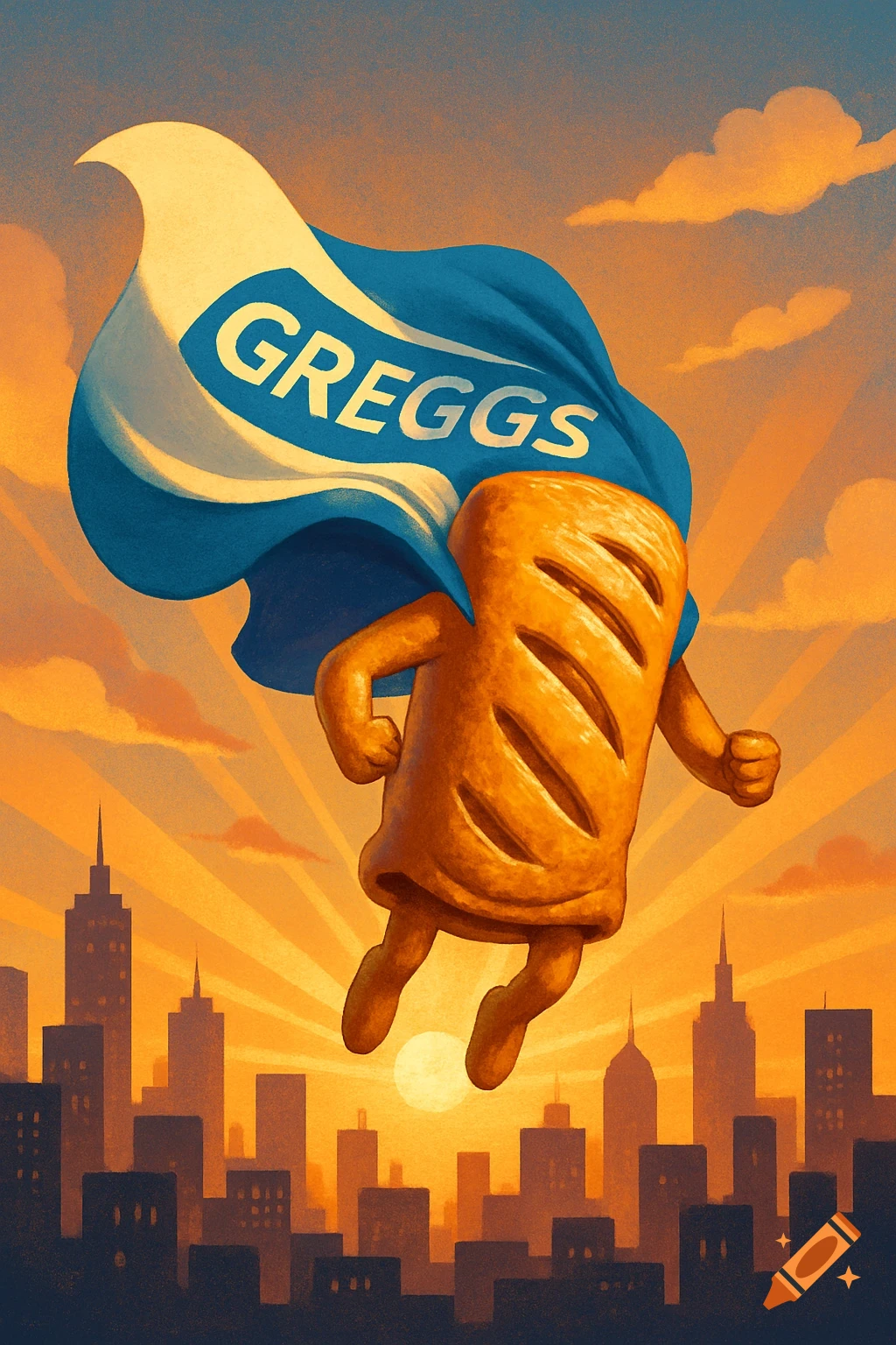 A cartoon superhero sausage roll with a Greggs cape flies over a city at sunset.