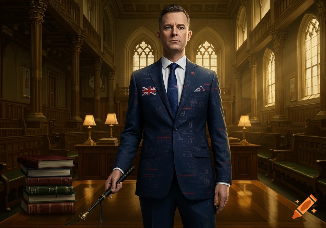 A serious man in a dark blue suit with a Union Jack pin and subtle text patterns stands in a grand parliamentary chamber, holding a riding crop.