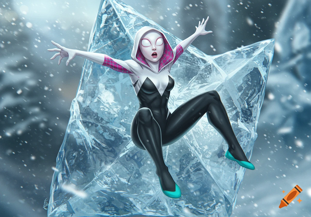 Spider-Gwen in her black and white suit with pink accents, suspended in the air amidst ice shards and falling snow.